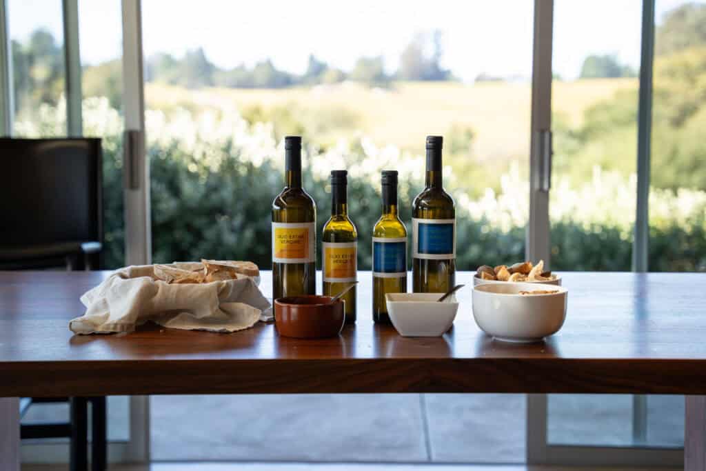 Bottles of Singer Wine and snacks on a wooden table with a scenic vineyard view in the background.